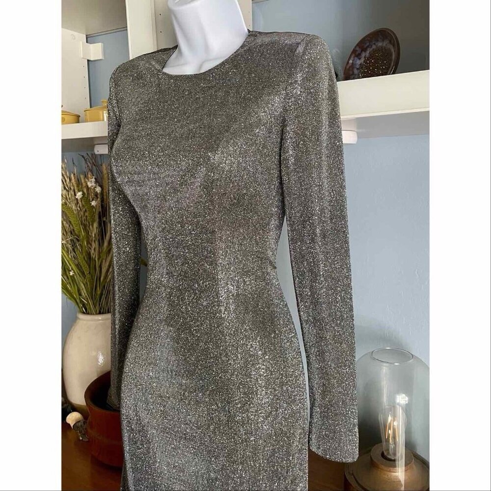 House of CB London Paolina Silver Sparkle Dress Bodycon Long Sleeve - Picture 4 of 12
